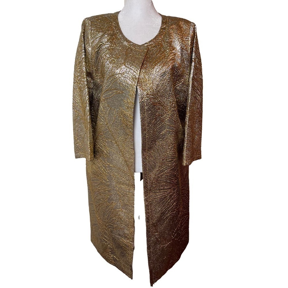 St. John Evening Jacket Cost Duster Gold Silver Silk Lined 3/4 Sleeve Formal 14